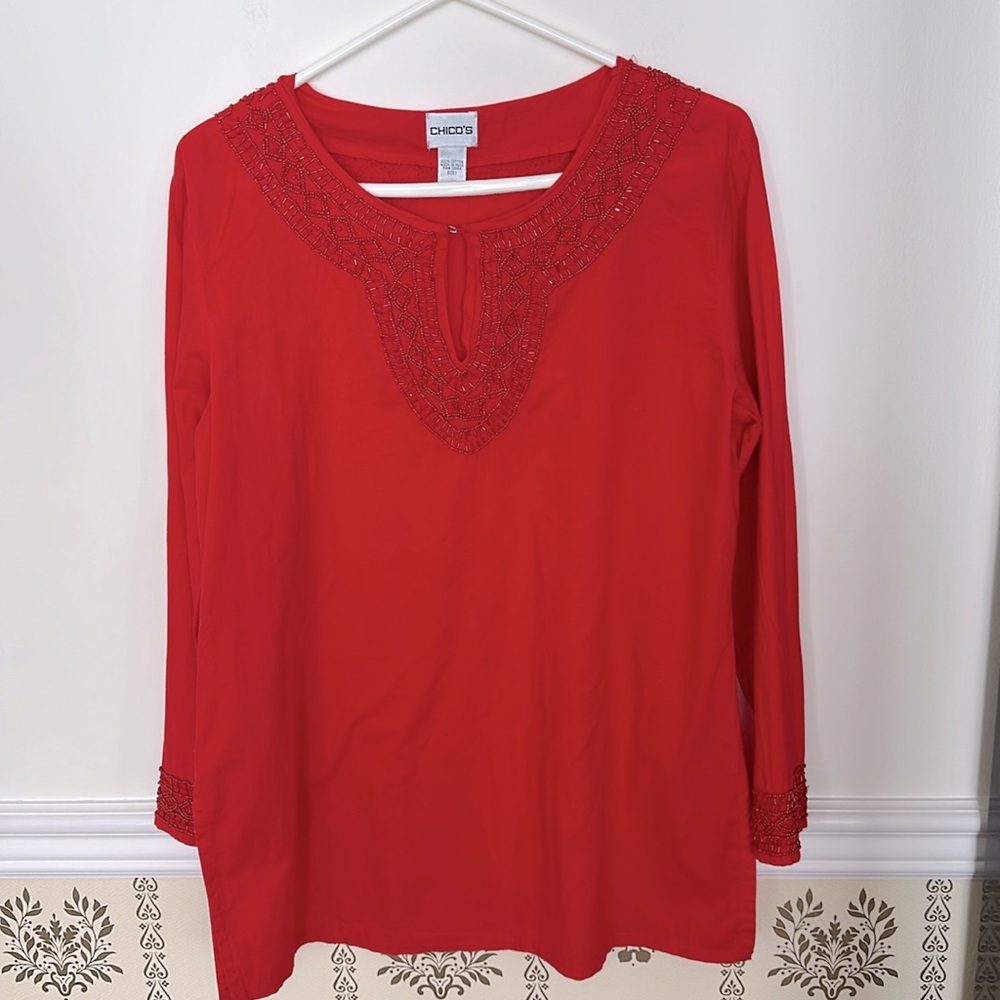 Chico’s Red Beaded Neckline/Cuffs Tunic Top 1 Cotton M Long Sleeve Christmas